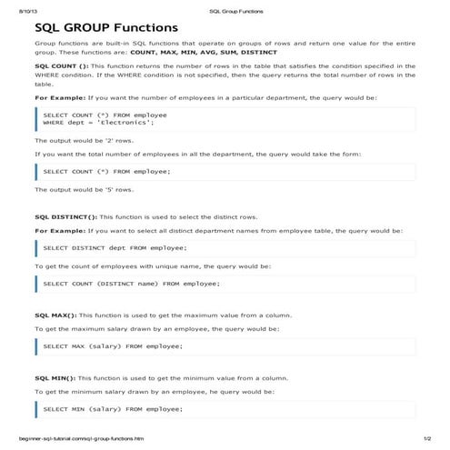 Sql group functions | PDF