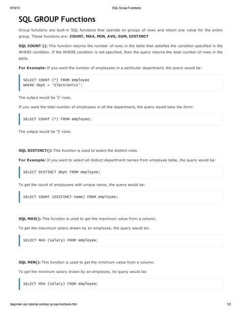 Sql group functions | PDF