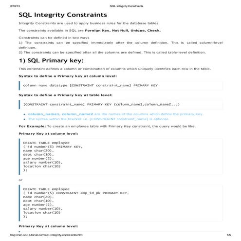 Sql integrity constraints | PDF