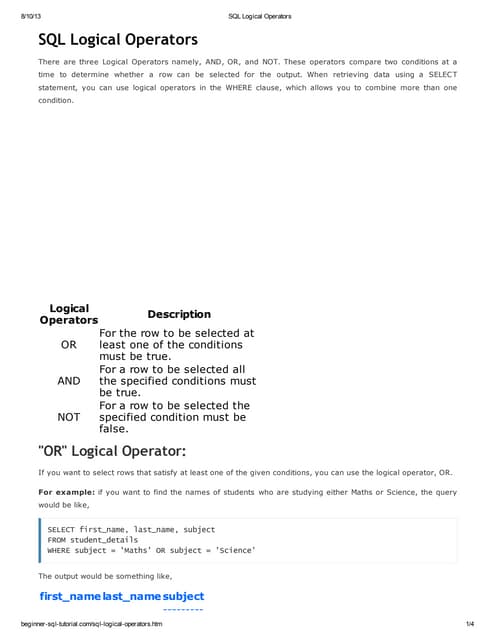 Sql operators comparision & logical operators | PDF