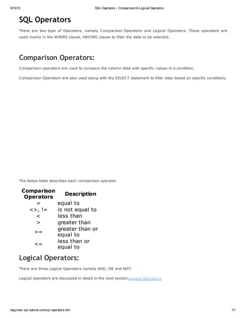 Sql operators comparision & logical operators | PDF | Databases ...
