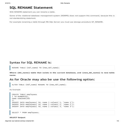 Sql rename | PDF | Databases | Computer Software and Applications