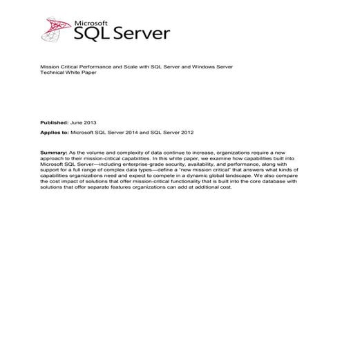 Microsoft SQL Server 2014 mission critical performance tdm white paper