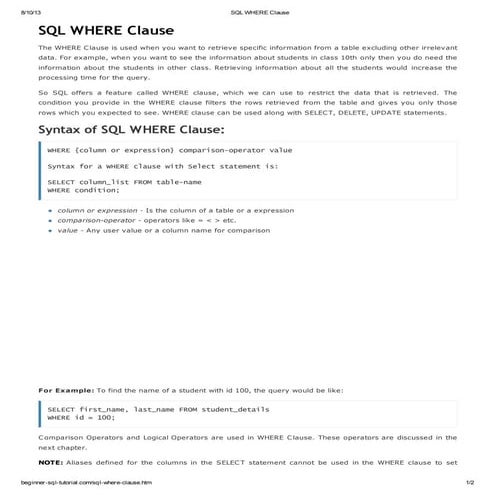 Sql where clause | PDF