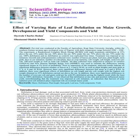 Effect of Varying Rate of Leaf Defoliation on Maize Growth,  Development and ...