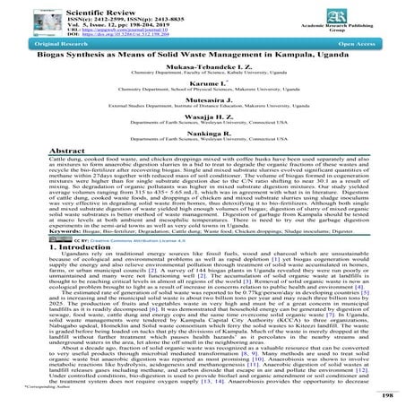 Biogas Synthesis as Means of Solid Waste Management in Kampala, Uganda