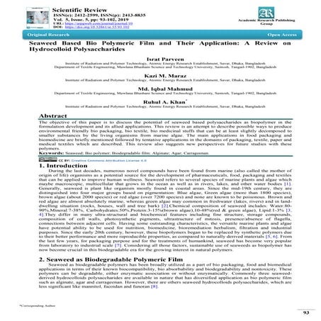 Seaweed Based Bio Polymeric Film and Their Application: A Review on ...