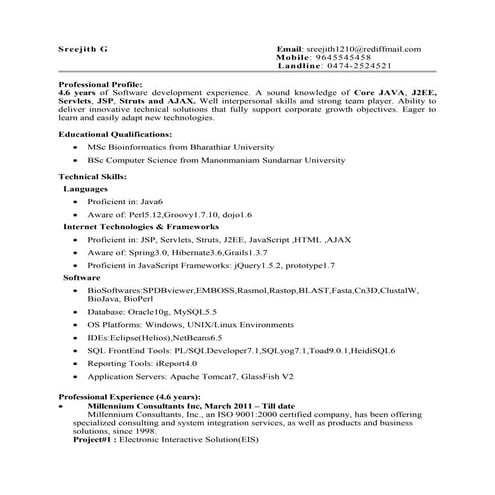 Sreejith Sr.Software Engineer Java J2 Ee 4 Years