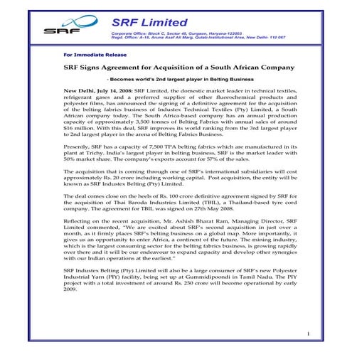 Srf ltd acquisition release | PDF