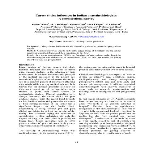 Career choice influences in Indian Anaesthesiologists