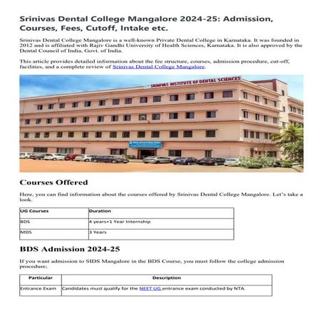 Srinivas Dental College Mangalore 2024-25: Admission, Courses, Fees, Cutoff, ...