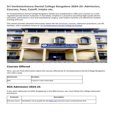 Sri Venkateshwara Dental College Bangalore 2024-25: Admission, Courses, Fees,...