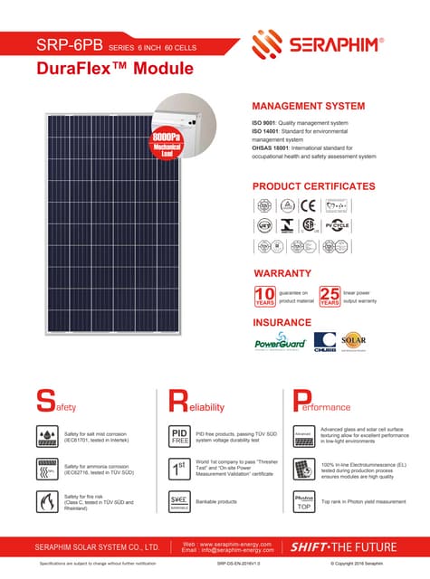 Seraphim 255w Duraflex Datasheet 