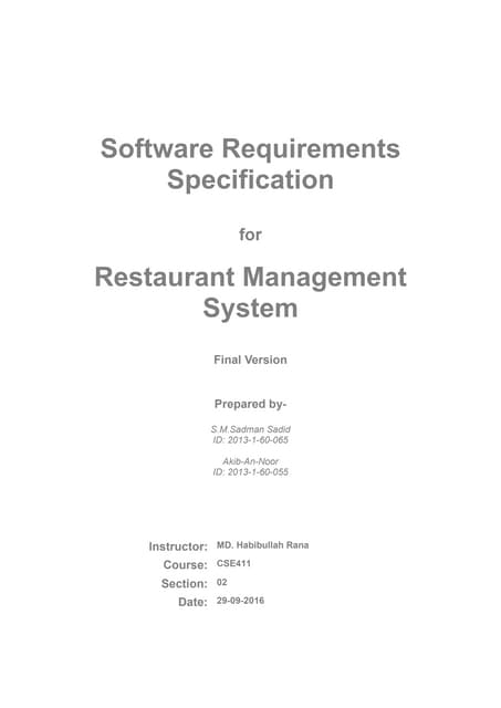 Software Requirements Specification for restaurant management system
