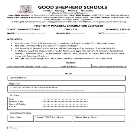 SS1 DATA PROCESSING PRACTICAL EXAMINATION (FIRST TERM)