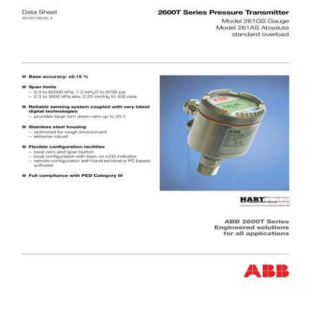 2600T Series Pressure Transmitter Model 261GS Gauge Model 261AS Absolute stan...
