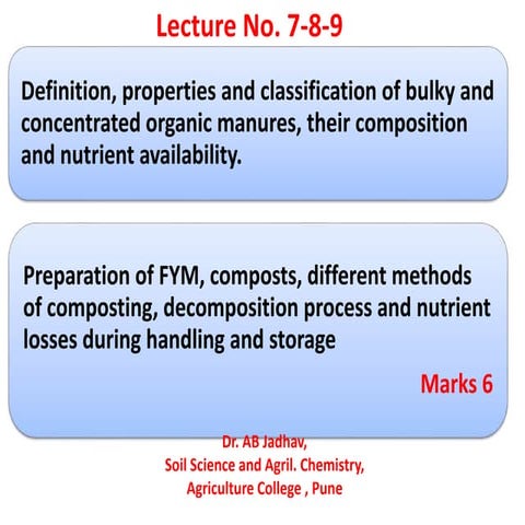Ssac 353 lecture no. 7 9, classification of manures bulkey and concentrated, ...