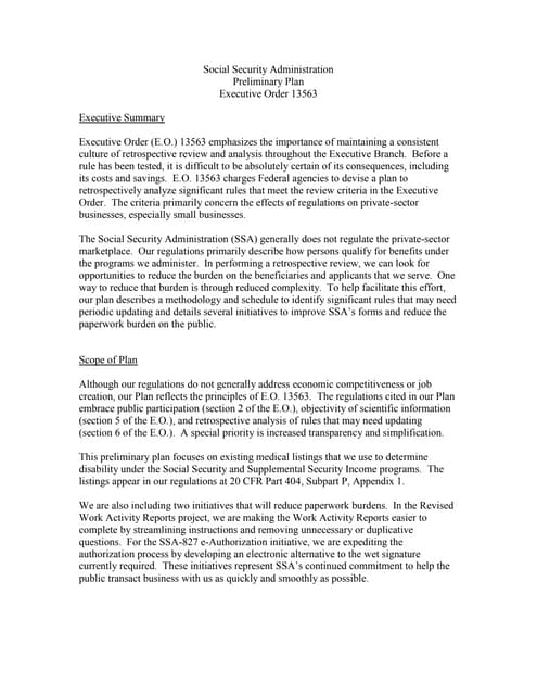 Social Security Administration Preliminary Regulatory Reform Plan
