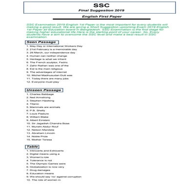 Ssc 2019-english-first-paper-suggestion | DOC