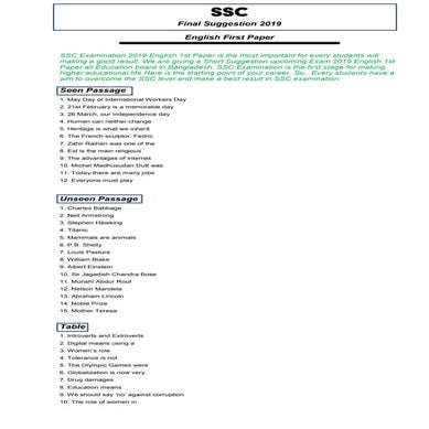 SSC- 2019 - English- First- paper - Final suggestion -all board-80% possibility
