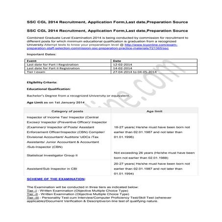 Ssc cgl 2014 recruitment, application form,last date,preparation source