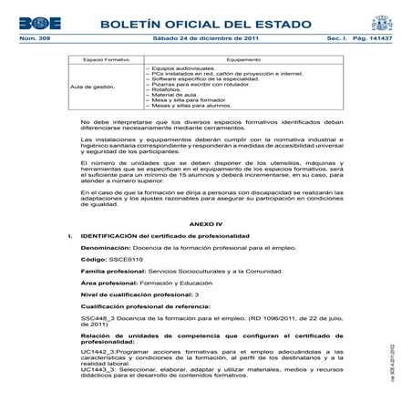 Ssce0110 anexo iv docencia de la formación profesional para el empleo | PDF