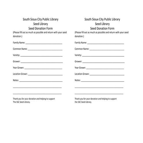 South Sioux City Public Library seed library donation form | DOCX