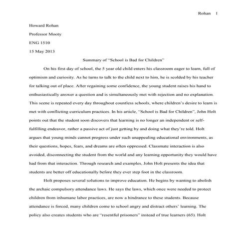 Sshool is bad for children summary