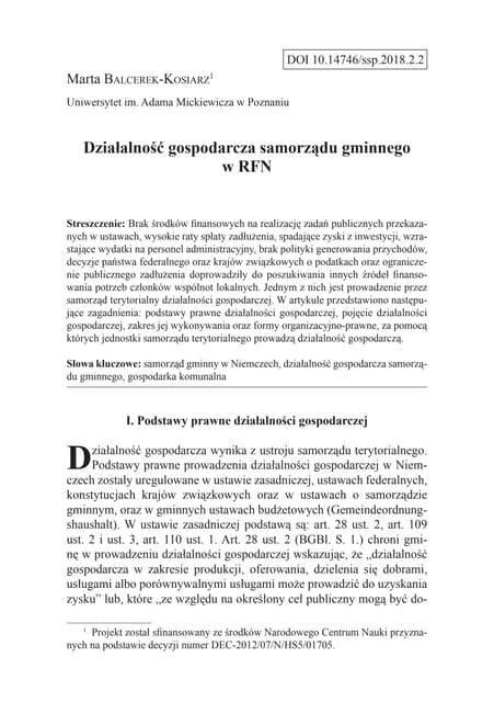 Działalność gospodarcza samorządu gminnego w RFN | PDF