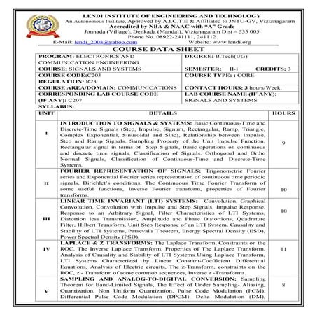 The course data sheet of signals and systems