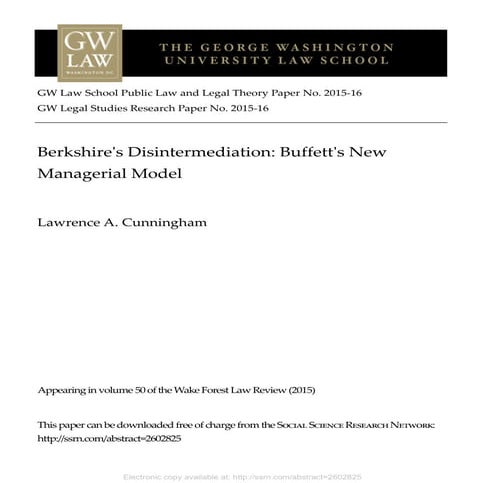 Berkshire's Disintermediation: Warren Buffett's New Managerial Model by Lawre...