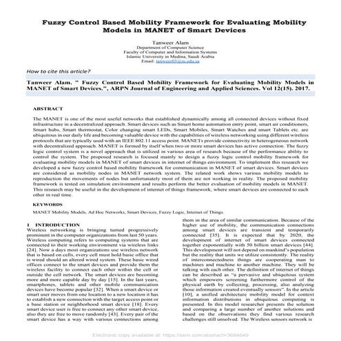 Fuzzy Control Based Mobility Framework for Evaluating Mobility Models in MANE...