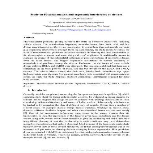 Study on Postural Analysis and Ergonomic Interference on Drivers