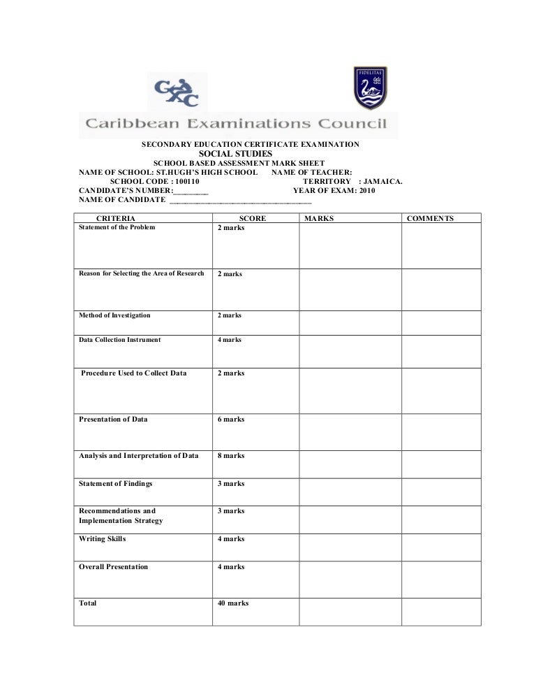 CSEC Social Studies sba format