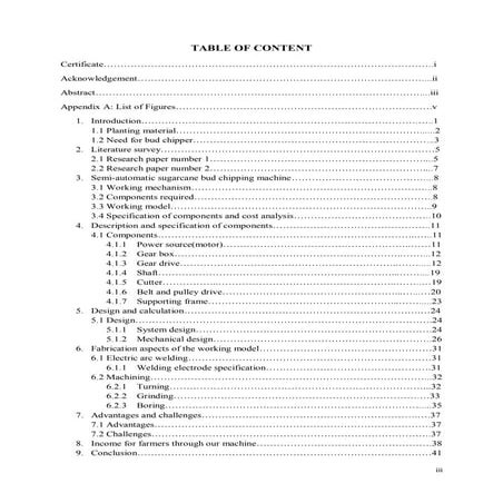 Table of content on sugercane bud chipper