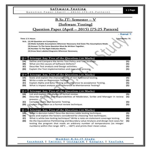 [Question Paper] Software Testing (75:25 Pattern) [April / 2015]
