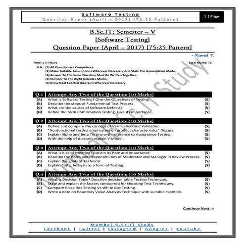 Software Testing (75:25 Pattern) [QP / April - 2017]