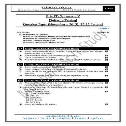 [Question Paper] Software Testing (75:25 Pattern) [November / 2015]