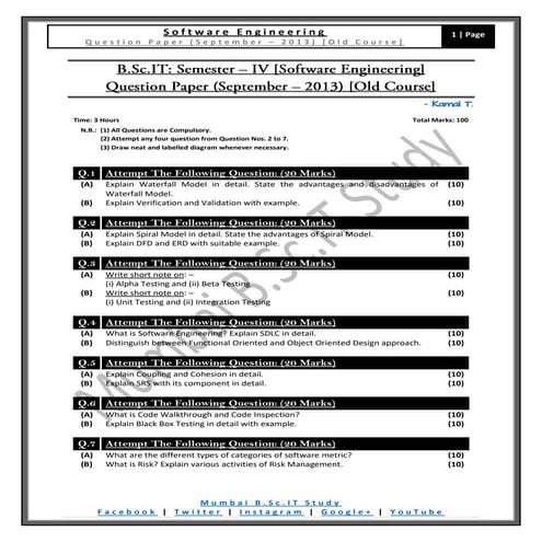 [Question Paper] Software Engineering (Old Course) [September / 2013]