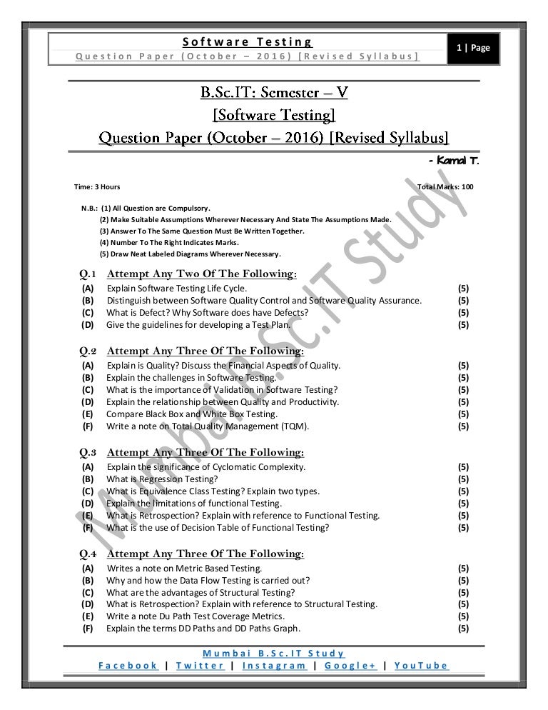 Software Testing (Revised Syllabus) [QP / October 2016]