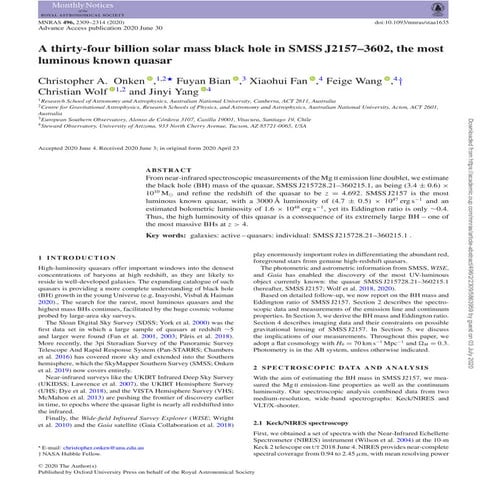A thirty-four billion solar mass black hole in SMSS J2157–3602, the most lumi...