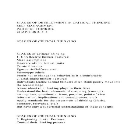 STAGES OF DEVELOPMENT IN CRITICAL THINKING SELF MANAGEMENT P.docx