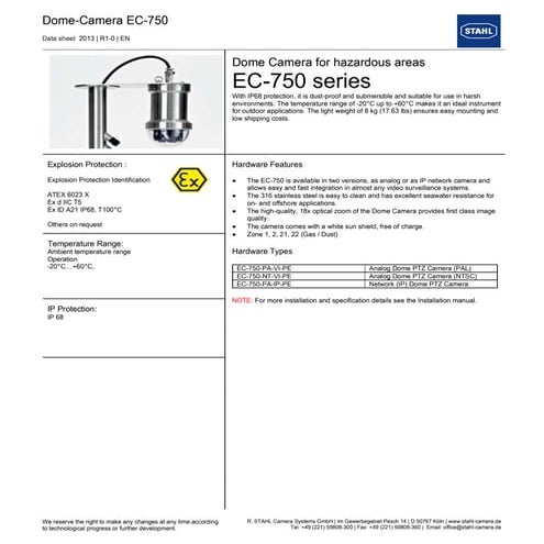 Stahl EC-750 Camera - Dome Camera – ATEX Zone 1 Zone 2 Hazardous Area ...
