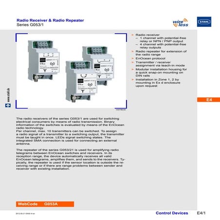 Stahl G053 Wireless Receiver Repeater EK00 III Data Sheet