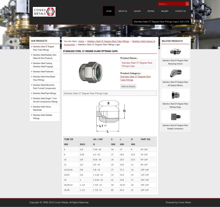 Stainless steel 37 degree flare fittings caps