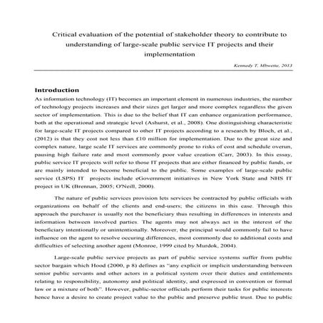 Critical evaluation of the potential of stakeholder theory to contribute to u...