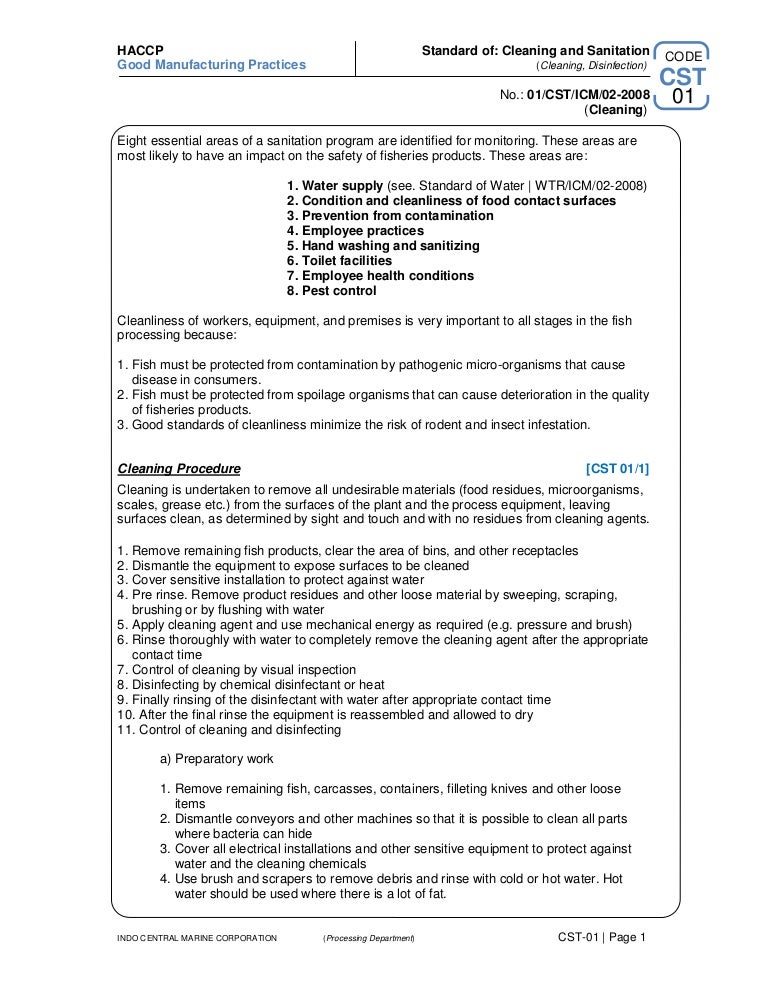 CLEANING AND SANITATION STANDARD