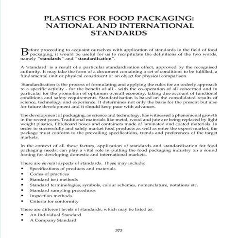 Standard for plastics for food packaging
