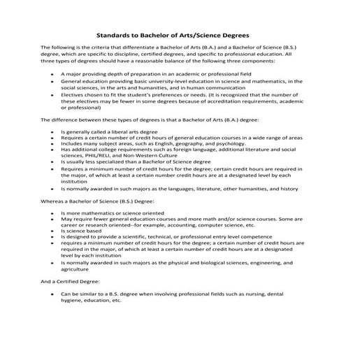 Standards to bachelor of arts and science degrees
