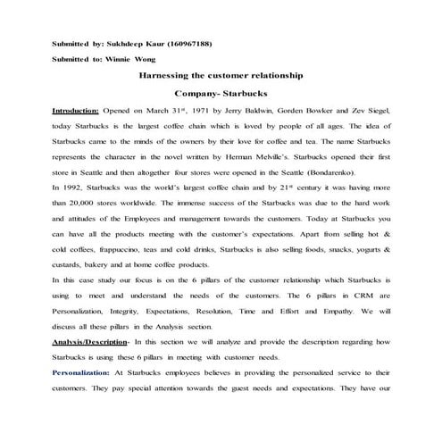 Customer Relationship pillars by Starbucks | DOCX